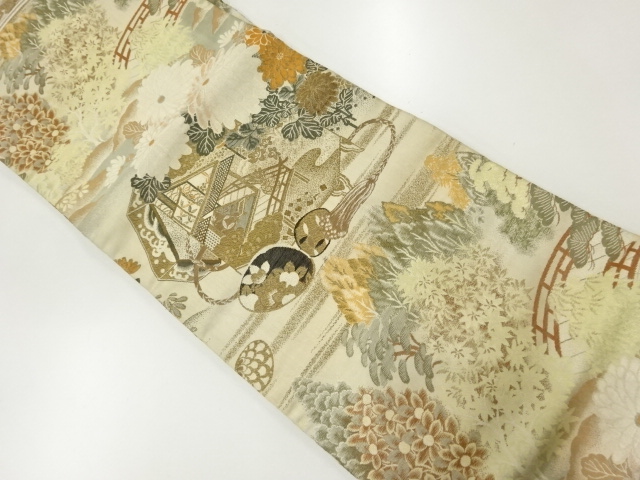 アンティーク　貝桶に菊・草花模様織出し名古屋帯（材料）